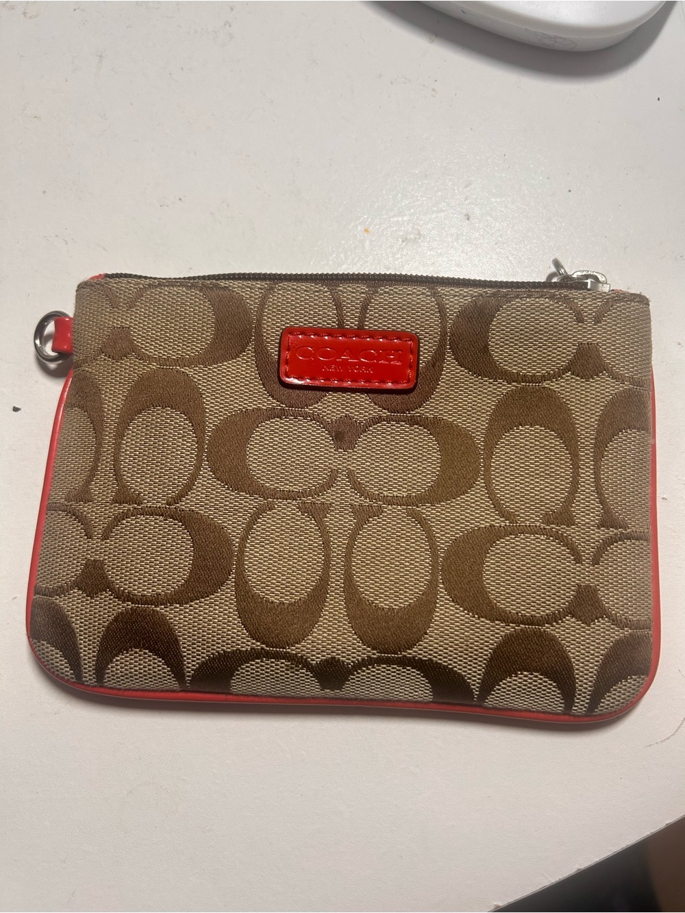 Coach Khaki Signature Canvas Wristlet with Red Trim